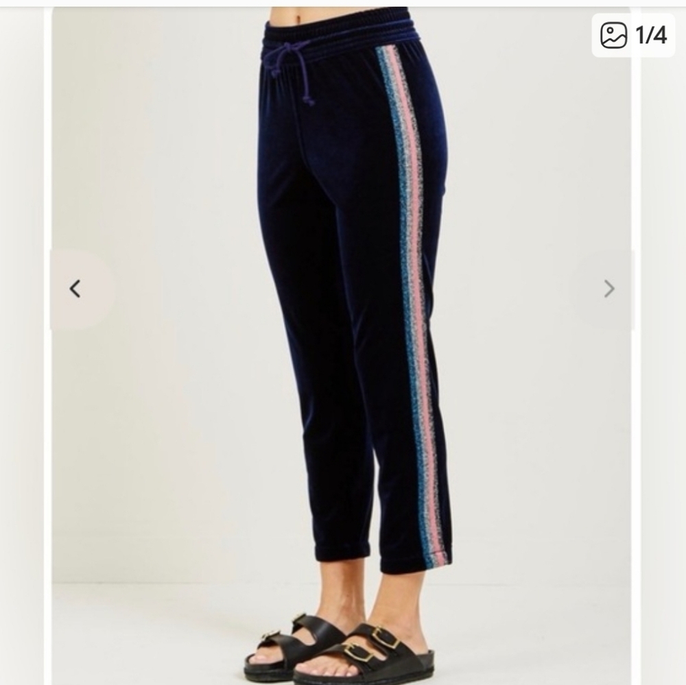 EUC-MOTHER Velvet Ankle Lounger Pants in Navy with Pink & Light Blue Side Stripe
